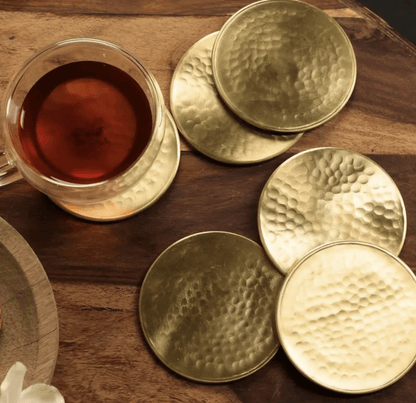 Brass Coasters - Set of 6 - Matt Finish Hammered Table Coasters For Drinks | Kitchen Decor Items