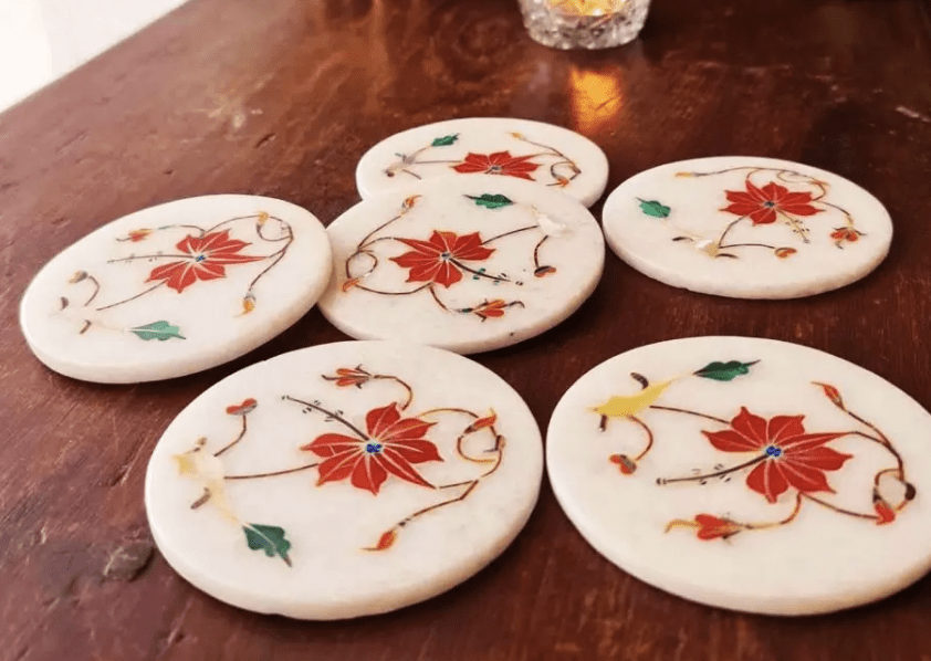 White Marble Coaster Set with Red Inlay Set of 2