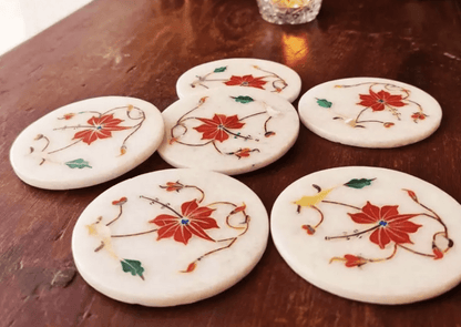 White Marble Coaster Set with Red Inlay Set of 2