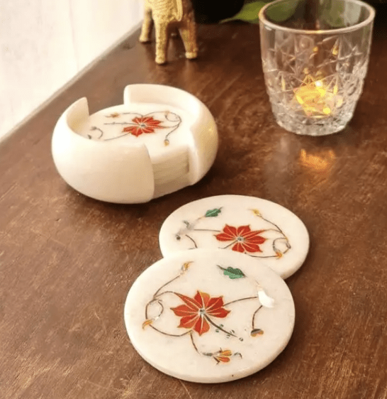 White Marble Coaster Set with Red Inlay Set of 6