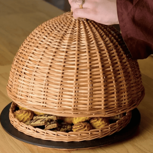 Wicker & Wood Serving Platter With Lid | Handcrafted in Kashmir