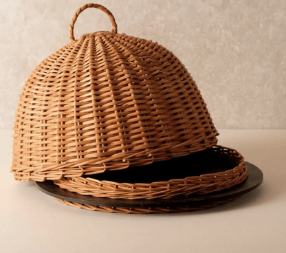 Wicker & Wood Serving Platter With Lid & Tissue Box Combo | Handcrafted in Kashmir