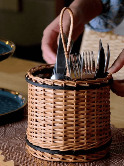Wicker & Wood Serving Platter With Lid & Cutlery Holder Combo | Handcrafted in Kashmir