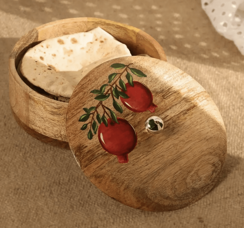 Wooden Roti Box | Handpainted with Anar design | Mango Wood | 2.5" x 8"