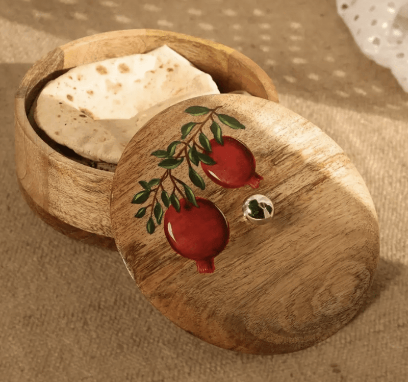 Wooden Roti Box | Handpainted with Anar design | Mango Wood | 2.5" x 8"-2
