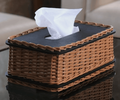 Wicker & Wood Serving Platter With Lid & Tissue Box Combo | Handcrafted in Kashmir