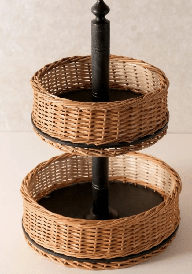 Wicker & Wood Serving Platter With Lid & 2 Tier Collapsable Fruit Basket Combo | Handcrafted in Kashmir