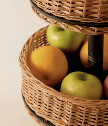 Wicker & Wood Fruit Basket With 2 Tiers | Handcrafted in Kashmir