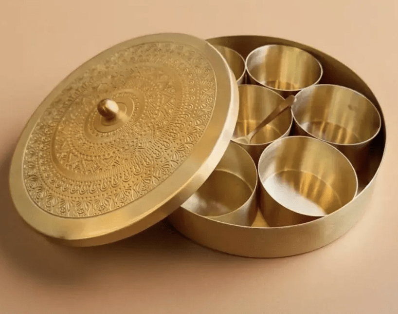 Masala Box in Brass - Spice, Masala Storage Organizer Masala Dabba for Everyday Kitchen Use | Handmade in India
