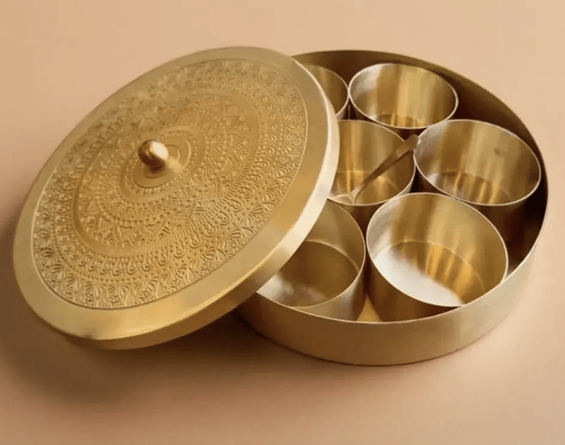 Masala Box in Brass - Spice, Masala Storage Organizer Masala Dabba for Everyday Kitchen Use | Handmade in India-1