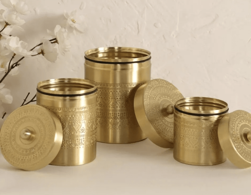 Brass Storage Jar/Container with Lid for Tea, Sugar and Spice in Kitchen Use | Combo | Small, Medium & Large | Handmade in India-1