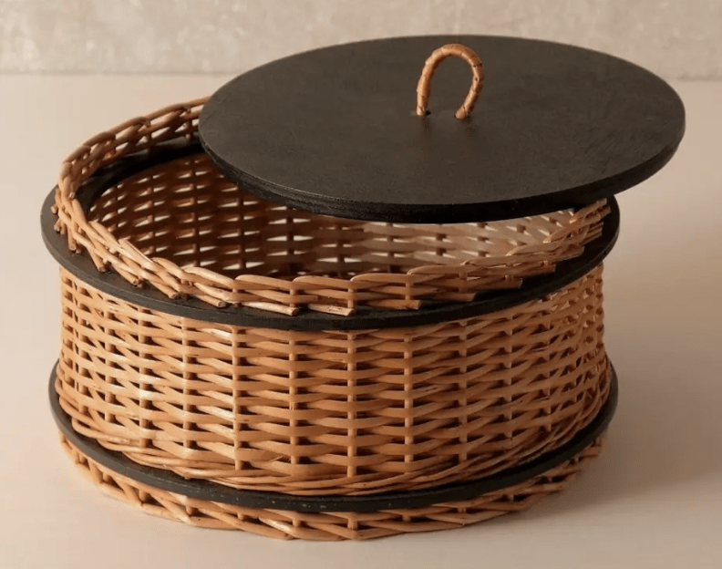 Wicker & Wood Storage Box With Lid & 2 Tier Collasable Fruit Basket Combo | Handcrafted in Kashmir