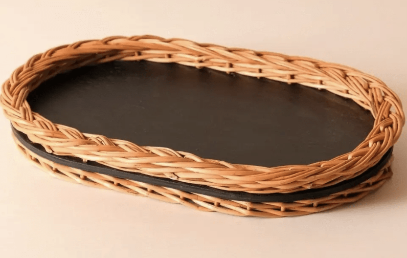 Wicker & Wood Serving Tray | Handcrafted in Kashmir