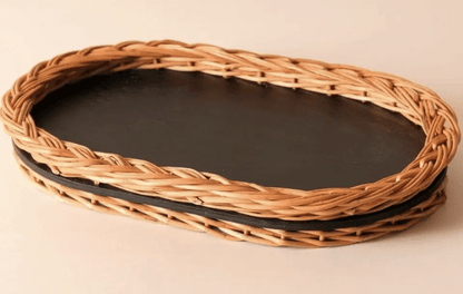 Wicker & Wood Serving Tray | Handcrafted in Kashmir