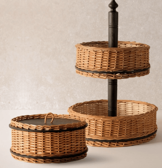 Wicker & Wood Storage Box With Lid & 2 Tier Collasable Fruit Basket Combo | Handcrafted in Kashmir