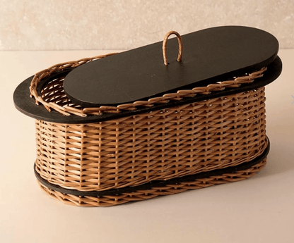 Wicker & Wood Serving Platter With Lid & Bread Box Combo | Handcrafted in Kashmir