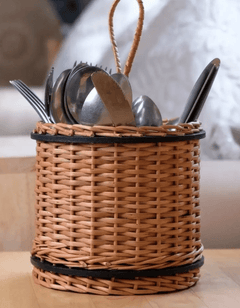 Wicker & Wood Fruit Basket With 2 Tiers & Cutlery Holder Combo Handcrafted in Kashmir-3