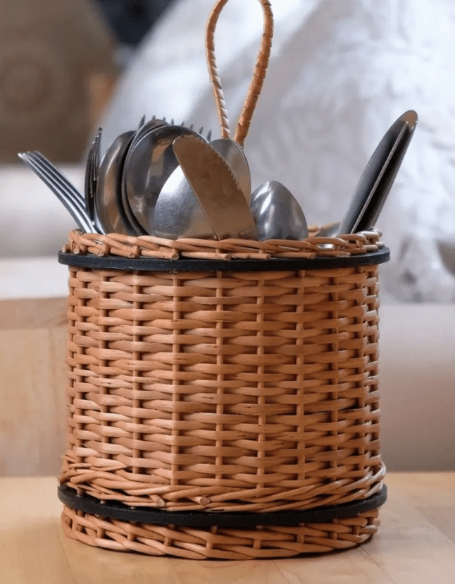 Wicker & Wood Fruit Basket With 2 Tiers & Cutlery Holder Combo Handcrafted in Kashmir-3