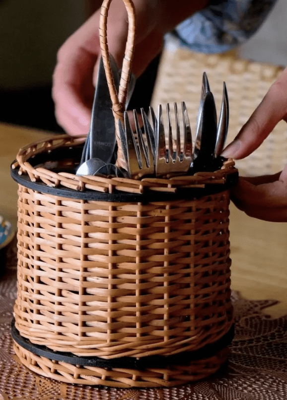 Wicker & Wood Serving Platter With Lid & Cutlery Holder Combo | Handcrafted in Kashmir