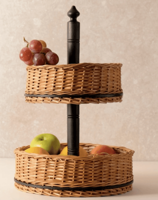 Wicker & Wood Fruit Basket With 2 Tiers & Cutlery Holder Combo Handcrafted in Kashmir