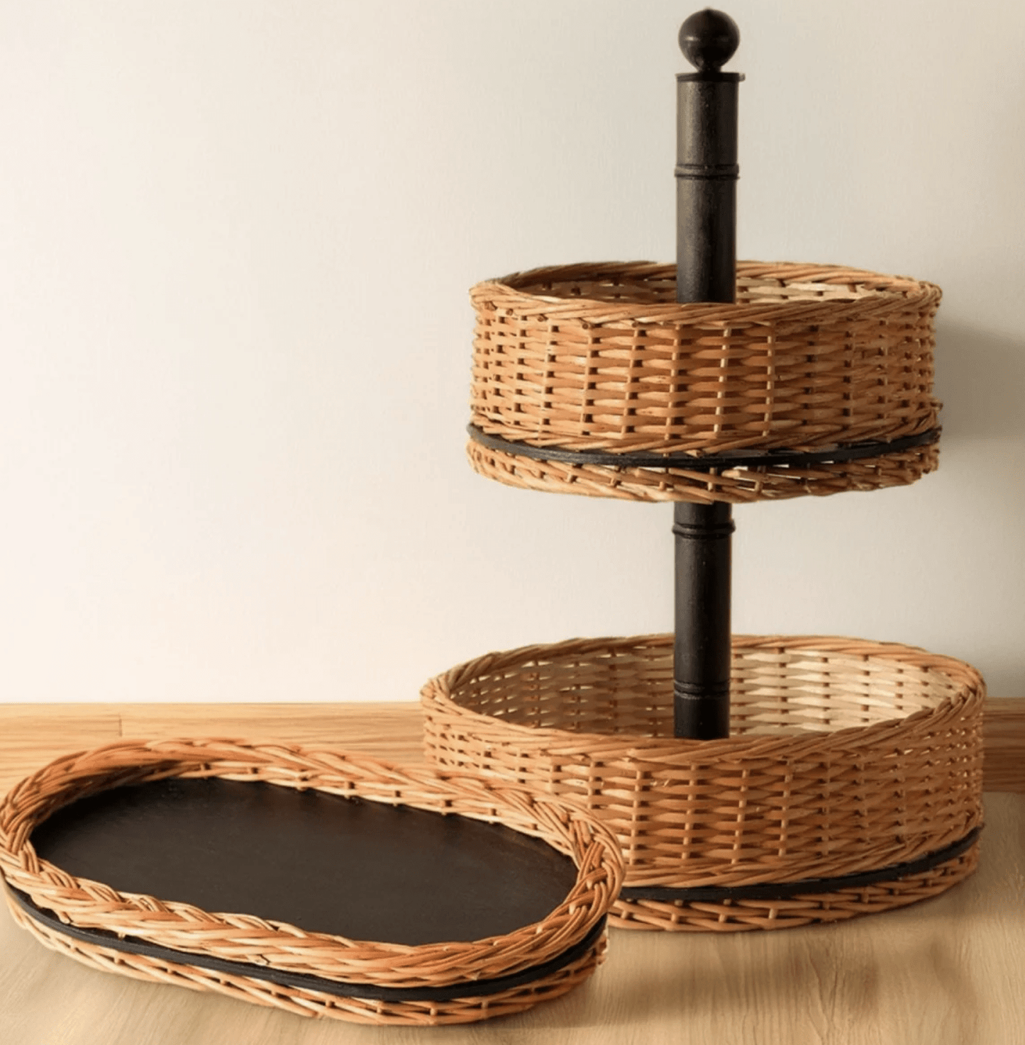 Wicker & Wood Fruit Basket With 2 Tiers & Serving Tray Combo | Handcrafted in Kashmir