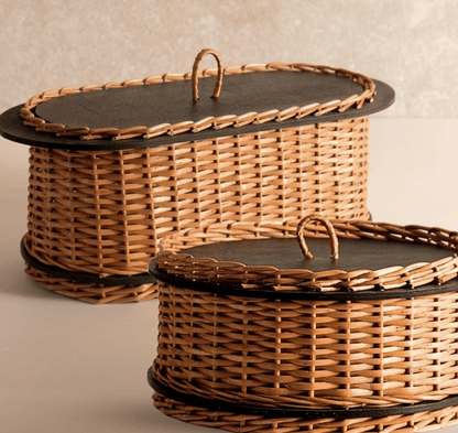 Wicker & Wood Storage Box With Lid & Bread Box Combo | Handcrafted in Kashmir