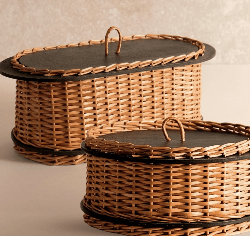 Wicker & Wood Storage Box With Lid & Bread Box Combo | Handcrafted in Kashmir-1