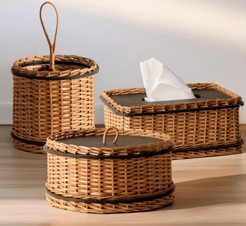 Wicker & Wood Storage Box, Tissue Box & Cutlery Holder Combo | Handcrafted in Kashmir-1