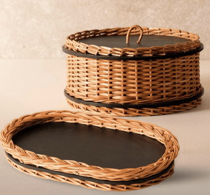 Wicker & Wood Storage Box With Lid & Serving Tray Combo | Handcrafted in Kashmir
