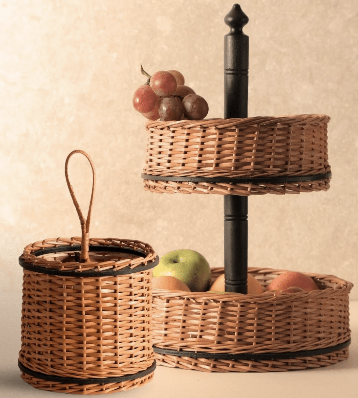 Wicker & Wood Fruit Basket With 2 Tiers & Cutlery Holder Combo Handcrafted in Kashmir