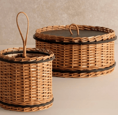 Wicker & Wood Storage Box With Lid & Cutlery Holder Combo Handcrafted in Kashmir-1