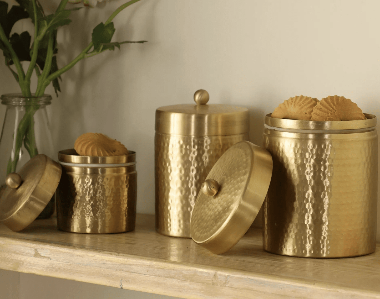 Handcrafted Pure Brass Jar with Lid | Set of 3 | Small, Medium, and Large