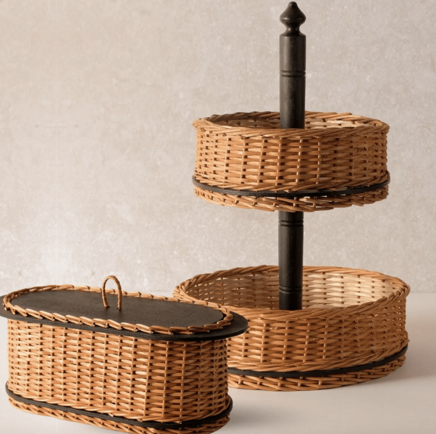 Wicker & Wood Bread Box & 2 Tier Collapsable Fruit Basket Combo | Handcrafted in Kashmir