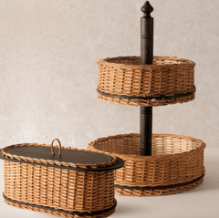 Wicker & Wood Bread Box & 2 Tier Collapsable Fruit Basket Combo | Handcrafted in Kashmir-1