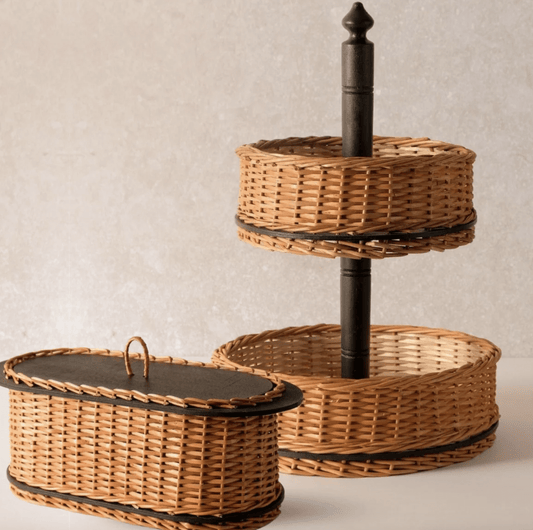 Wicker & Wood Bread Box & 2 Tier Collapsable Fruit Basket Combo | Handcrafted in Kashmir