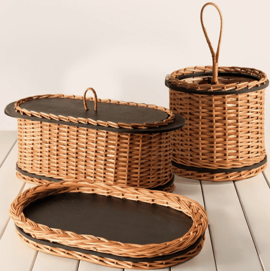Wicker & Wood Bread Box, Serving Tray & Cutlery Holder Combo | Handcrafted in Kashmir