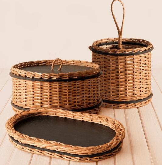 Wicker & Wood Storage Box, Serving Tray & Cutlery Holder Combo | Handcrafted in Kashmir
