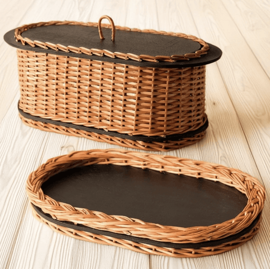 Wicker & Wood Bread Box & Serving Tray Combo | Handcrafted in Kashmir