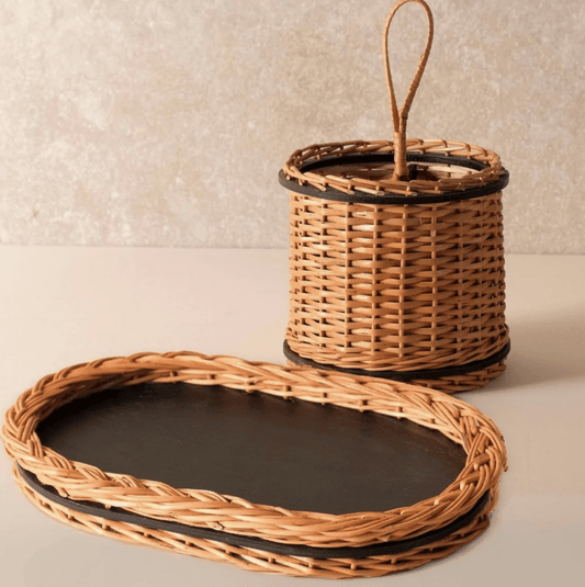 Wicker & Wood Serving Tray & Cutlery Holder Combo | Handcrafted in Kashmir
