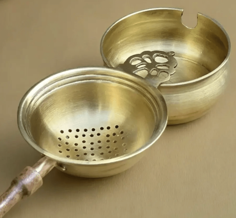 Brass & Wood Tea Strainer & bowl for Everyday Luxury Kitchen usage | Wooden Handle | Handmade in India