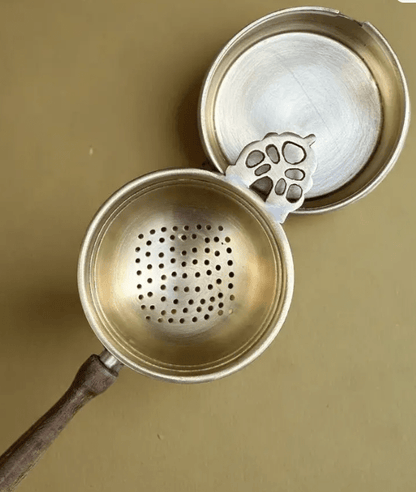 Brass & Wood Tea Strainer & bowl for Everyday Luxury Kitchen usage | Wooden Handle | Handmade in India
