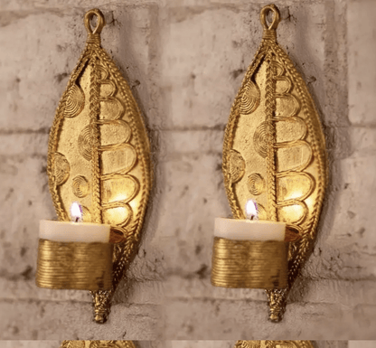 தோக்ரா உலோக கையால் செய்யப்பட்ட இலை டீலைட் ஹோல்டர் ஷோபீஸ் (2 தொகுப்பு)