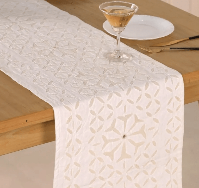 Dining Table Runner In Lily White Applique Cutwork Cotton With Mirrors | Handmade In India
