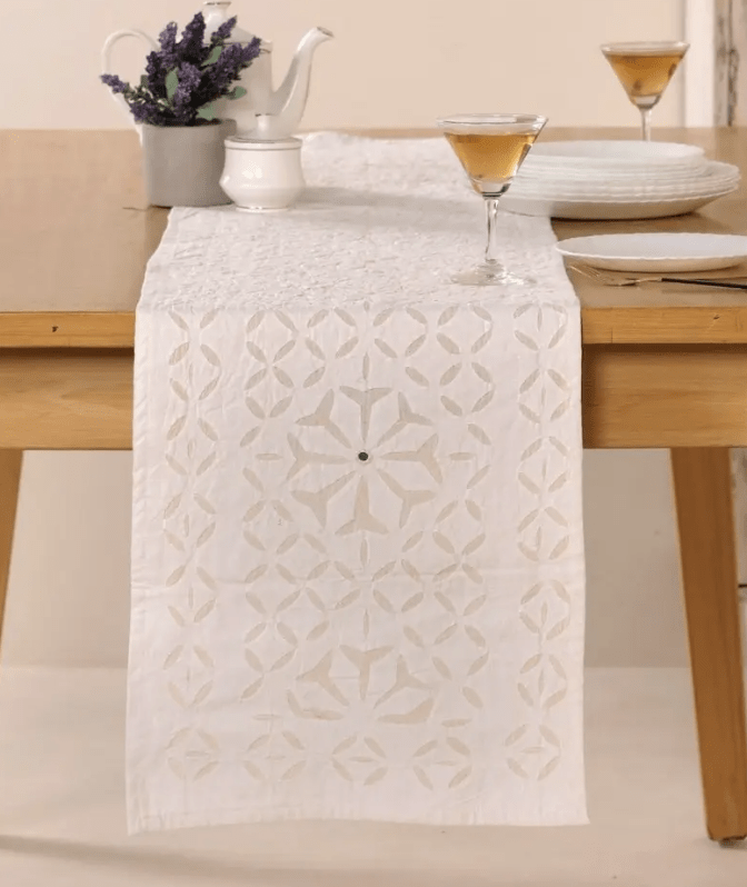 Dining Table Runner In Lily White Applique Cutwork Cotton With Mirrors | Handmade In India