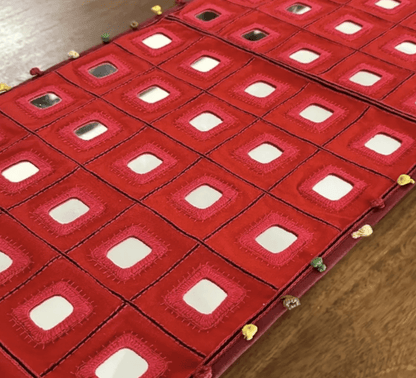 Hand Embroidered Mirror & Thread-Work Table Runners -Lambani Table Runners in Scarlet