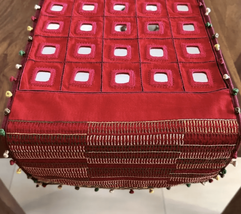 Hand Embroidered Mirror & Thread-Work Table Runners -Lambani Table Runners in Scarlet