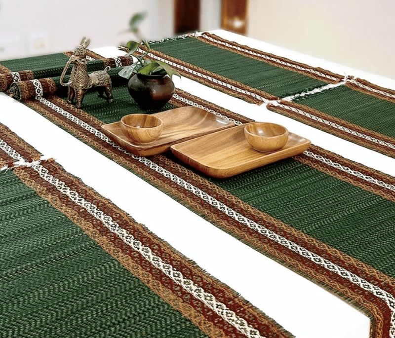 Handmade Dining Table Mats and Table Runner in Green (Set of 6/4) | Eco Friendly Tableware Sustainably Handwoven from Natural Grass-1