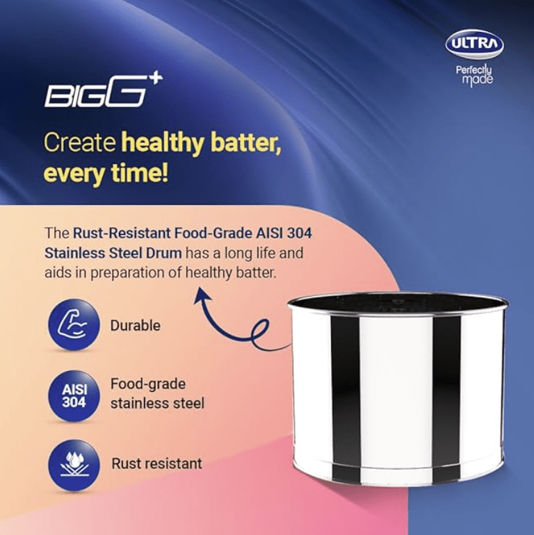 Ultra BIGG+ 2.5 Litre Table Top Wet Grinder -White | Fast Grinding Conical Stones, 150W Motor & 5 Years Warranty | AISI 304 Food-Grade SS Multi Utility Cylindrical Drum, CE Certified-3