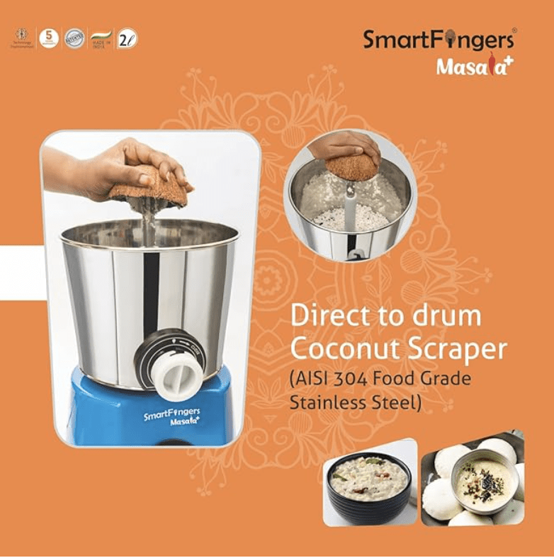 Smart Fingers Masala + ' W2 ' Table Top Masala Wet Grinder 230V 50hz, 2 Liter, Blue