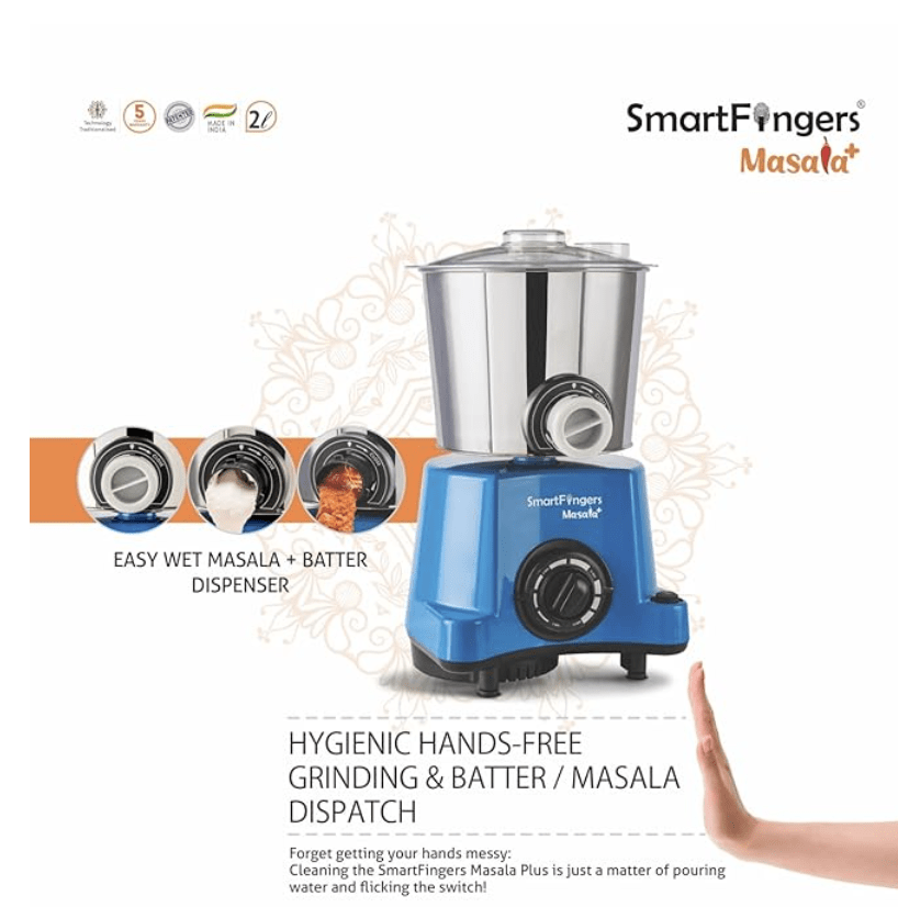Smart Fingers Masala + ' W2 ' Table Top Masala Wet Grinder 230V 50hz, 2 Liter, Blue